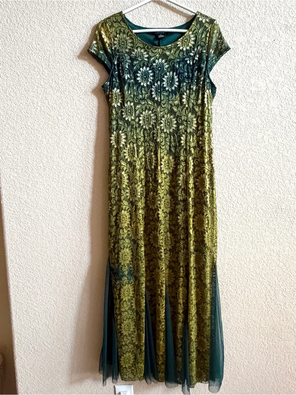Candalite Lace Handkerchief Hem Maxi Dress Women’s M Green Glitter Forest Fairy